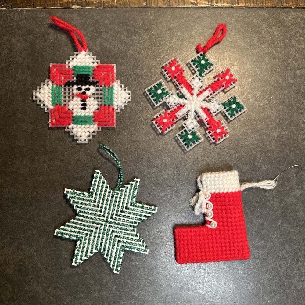 Handmade Plastic Canvas Christmas Ornaments Snowman Snowflake‎ Stocking Set of 4